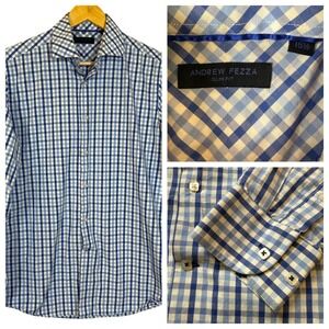 Andrew Fezza Button Down Shirt Mens 15 1/2
Slim Fit Blue Plaid Cotton Casual